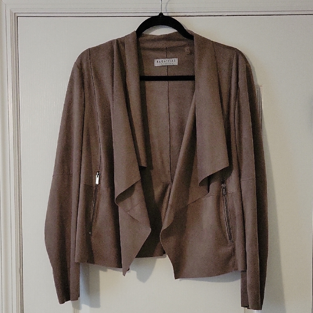 Bagatelle Collection Draped Open Front Jacket Taupe Faux Suede Size L